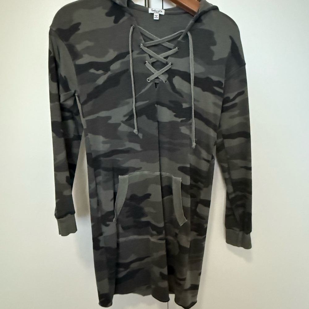 Splendid Terry-cloth  Lace-Up Camo Hoodie Dress - XS